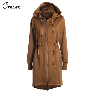 

CWLSP 2018 Winter Autumn Women Hoodies Sweatshirt Zip-up Long Coat sweatshirt with Drawstring Sashes Pockets Windbreaker