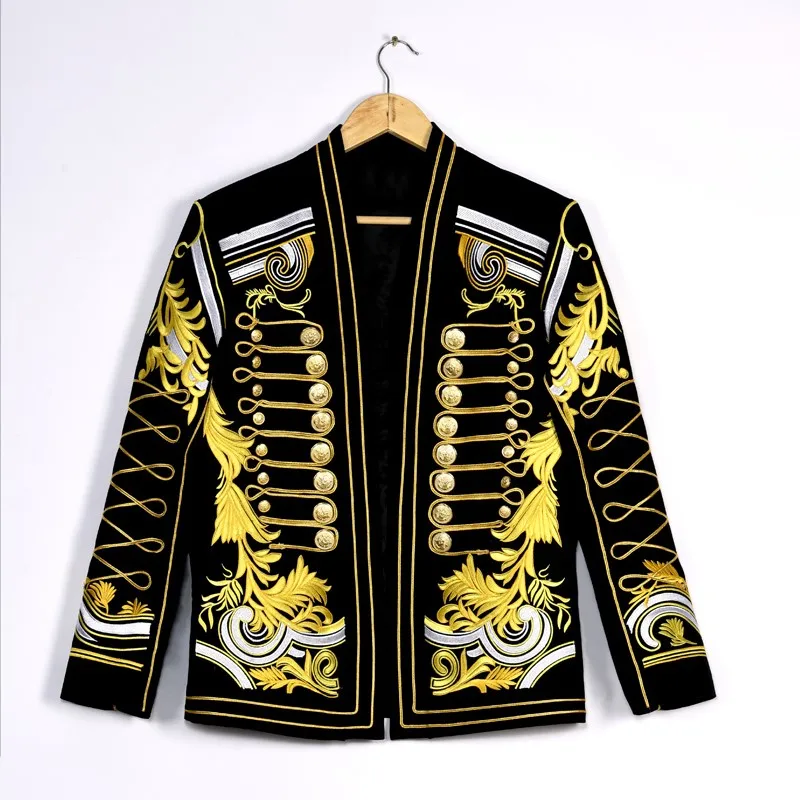 

Baroque Style Double Breasted Slim Fit Perform Stage Suit Jacket Men Autumn Winter Gold Embroidery Floral Club Formal Blazer