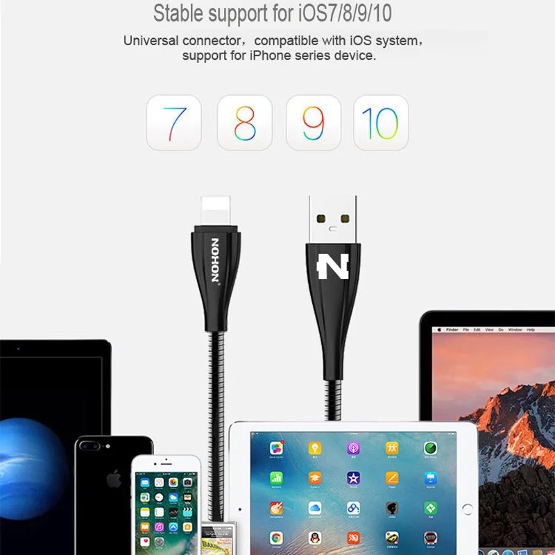 NOHON для iPhone 8 7 6 6S Plus 5 5S USB кабель металлический 8-контактный кабель для зарядного устройства для iPad Mini Быстрая зарядка данных синхронизировать мобильный телефон кабели