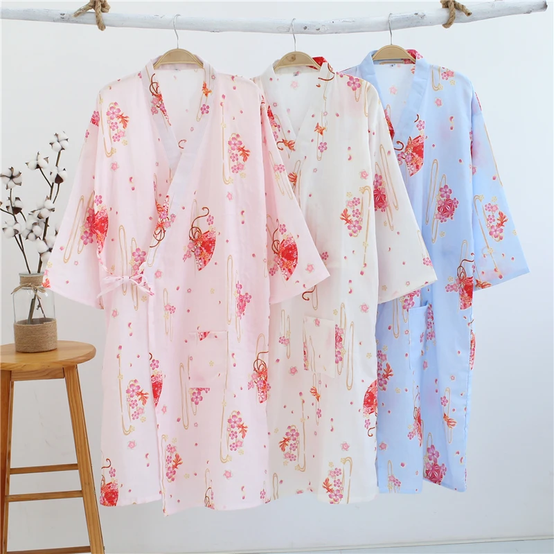 Women's Yukata Japanese Kimono Robes Pajamas Sets Cotton Dress Nightgown Bathrobe Leisure Wear
