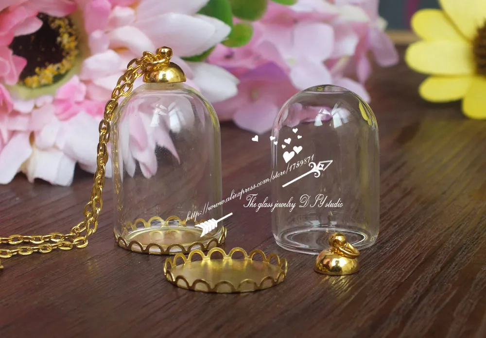 20set/lot gold Hanging Cloche Dome Necklace Clear Glass Bottle Pendant DIY gold Base Terrarium