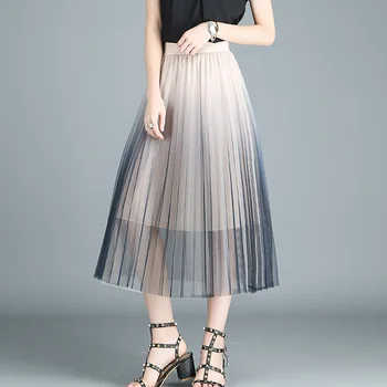 

2018 Summer New Arrival Gradient Candy Colored Mesh Long Pleated Skirts High Waist Stretch Bohemian A-line Mid-calf Skirts
