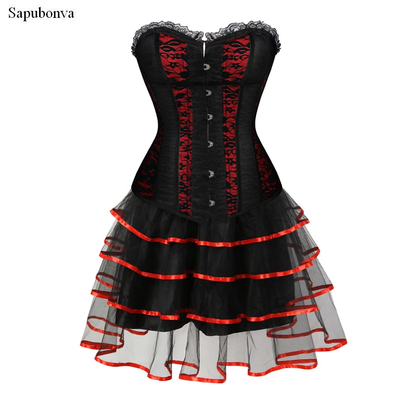 Sapubonva overbust corset dresses with skirts evening black and red