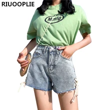 RIUOOPLIE женские свободные с высокой талией боковое Украшение галстук прямые шорты из джинсовой ткани джинсы