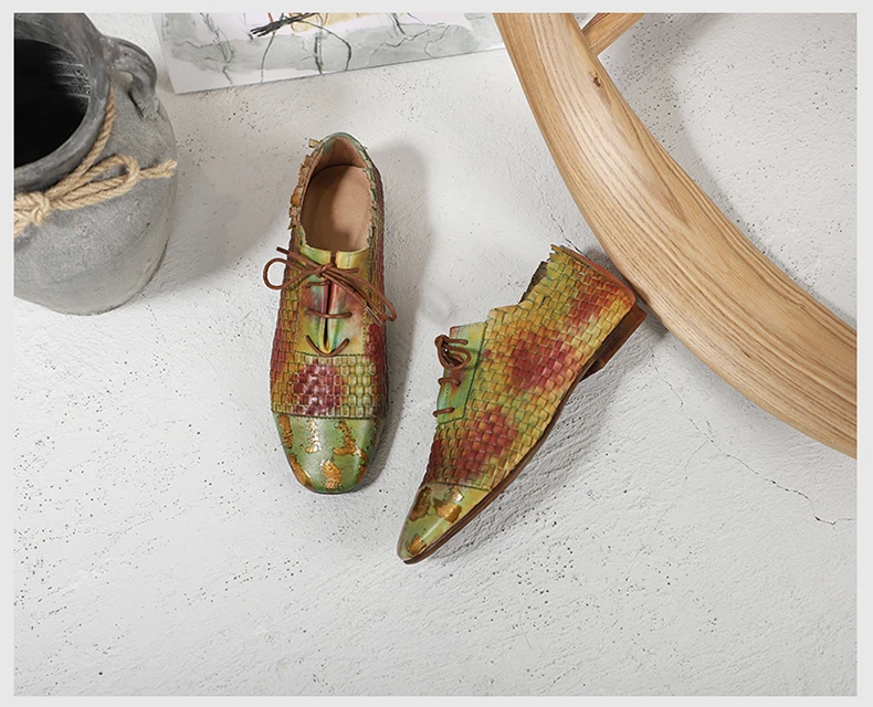 Woven Shoes Woman Latest Design Female Colorful Flat Shoes Hand-Painted Lace-Up Lady Casual Shoes Square Toe Footwear