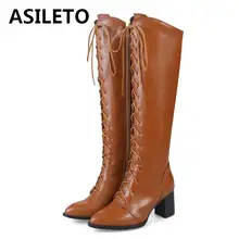 ASILETO/женские сапоги до колена на толстом каблуке; зимние теплые сапоги из искусственной кожи с острым носком; botas mujer; обувь на молнии; botte feminina; A771s