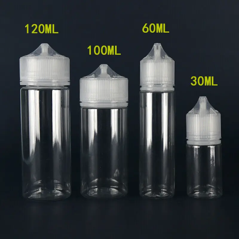 Nowy 5 sztuk 30ml/60ml/100ml/120ml PET plastikowe puste zakraplacz E płynne oko czysta woda butelki długa osłona na końcówkę sok waporyzator oleju butelka|Butelki wielokrotnego użytku|   - AliExpress