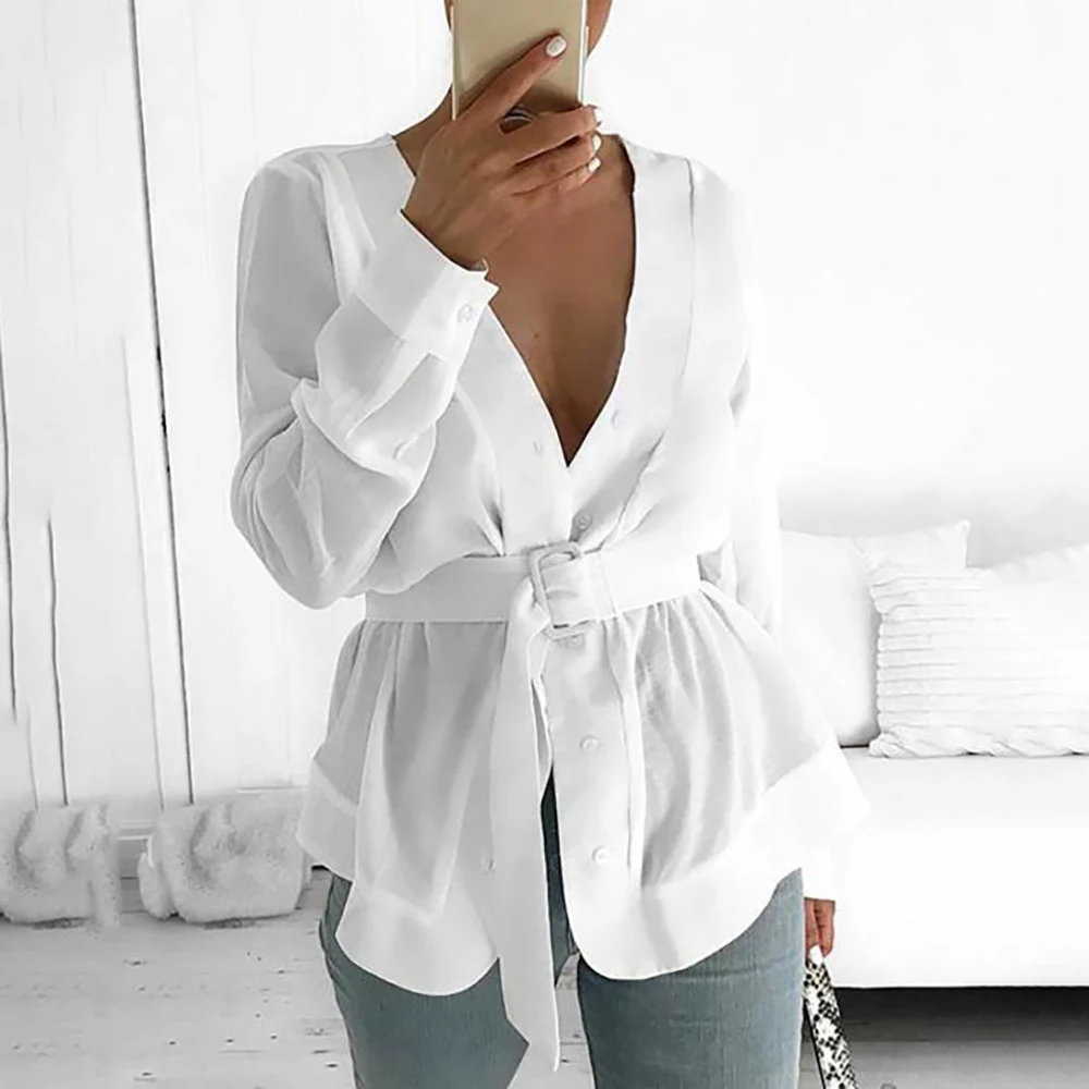 

LASPERAL 2019 Summer Women With Belt Tunic Shirt Blouse Long Sleeve Peplum Casual Top OL Workwear Mujer Blusas White Shirts