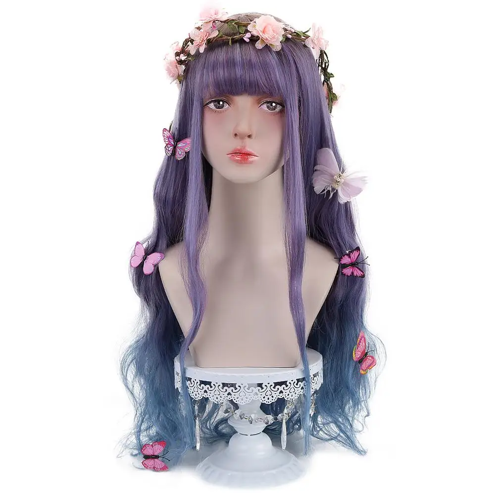 

32"Cosplay Violet Ombre Wig With Bangs Long Synthetic Hair Custom Party Cosplay Lolita Wigs For Black/White Women Heat Resistant