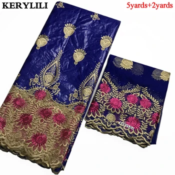 

5 Yards+2 Yards Latest Sewing Blue Nigerian Bazin Riche Getzner Stone French Tulle Lace Fabric African Wedding Dress KRL-91674