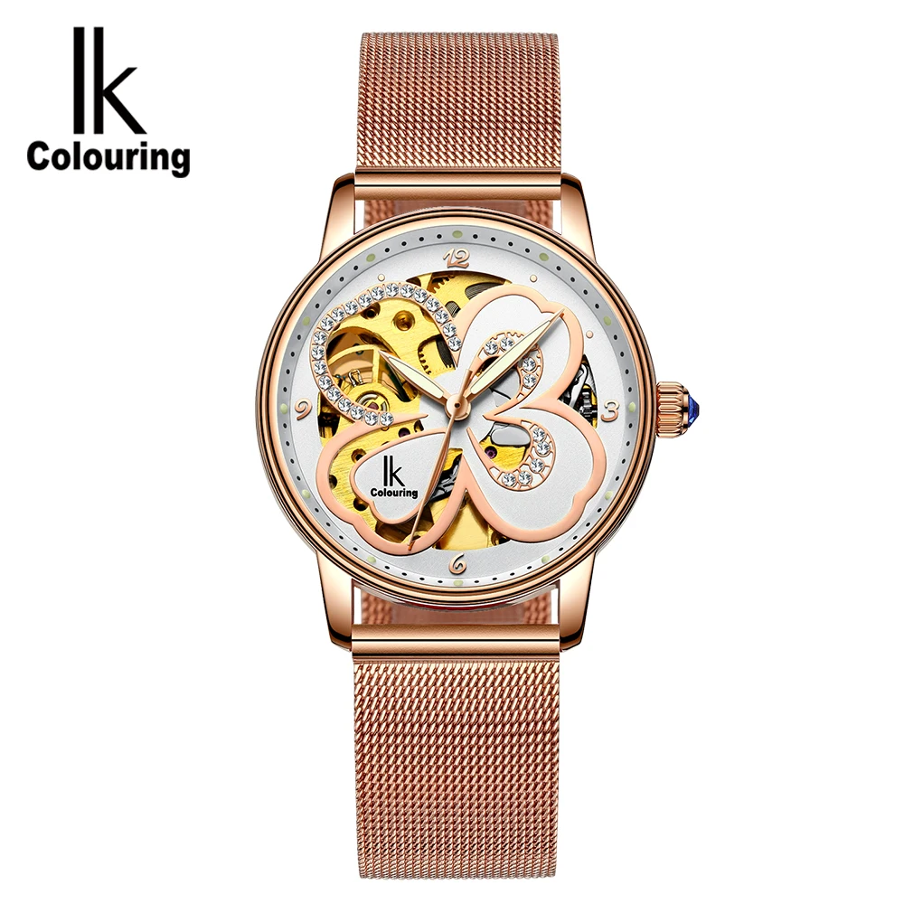 IK цветные женские автоматические механические часы, роскошные часы из розового золота, женские часы с скелетом, наручные часы, Montre