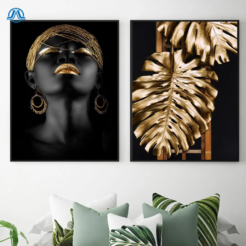 

Black woman Model Posters Prints Golden Monstera Lips Cuadros Decoracion Abstract Wall Art Pictures For Living Room Modern Decor