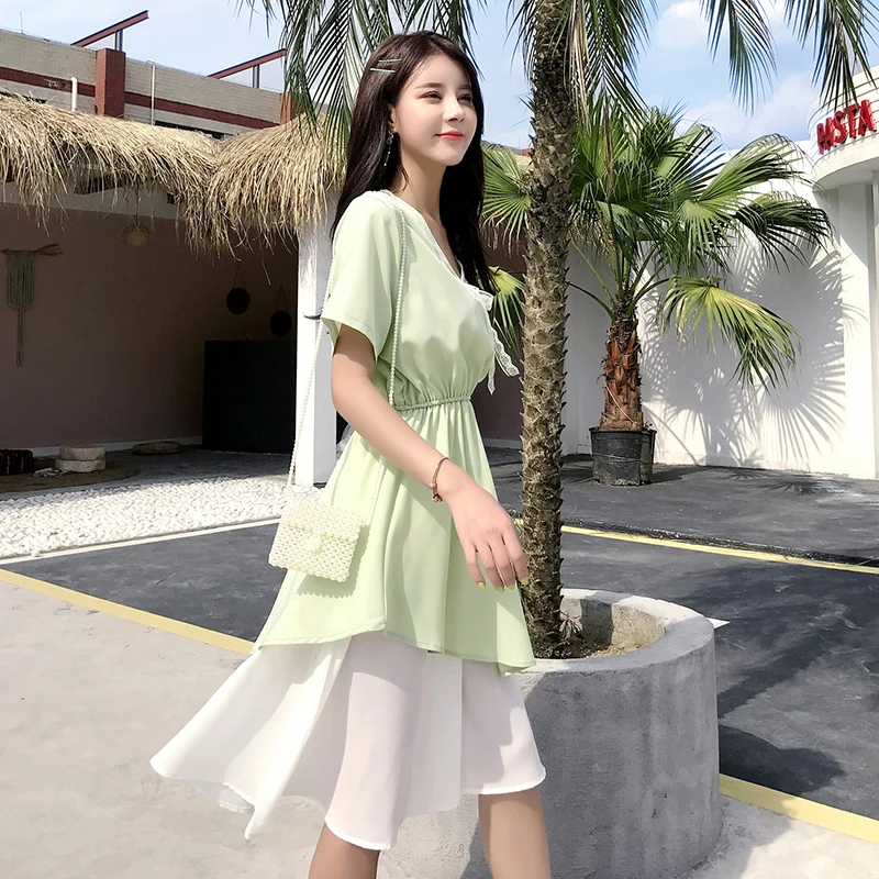 

Summer Popular V-neck Dress for Women Casual Boho Elegant Short-sleeved Lace Big Swing Beach Vintage Club Party Dresses Vestidos