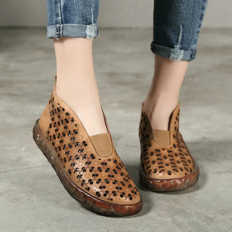 

2019 VALLU Women Shoes Handmade Genuine Leather Solid Flats Ladies Retro Hollow Design Comfortable Leisure Shoes