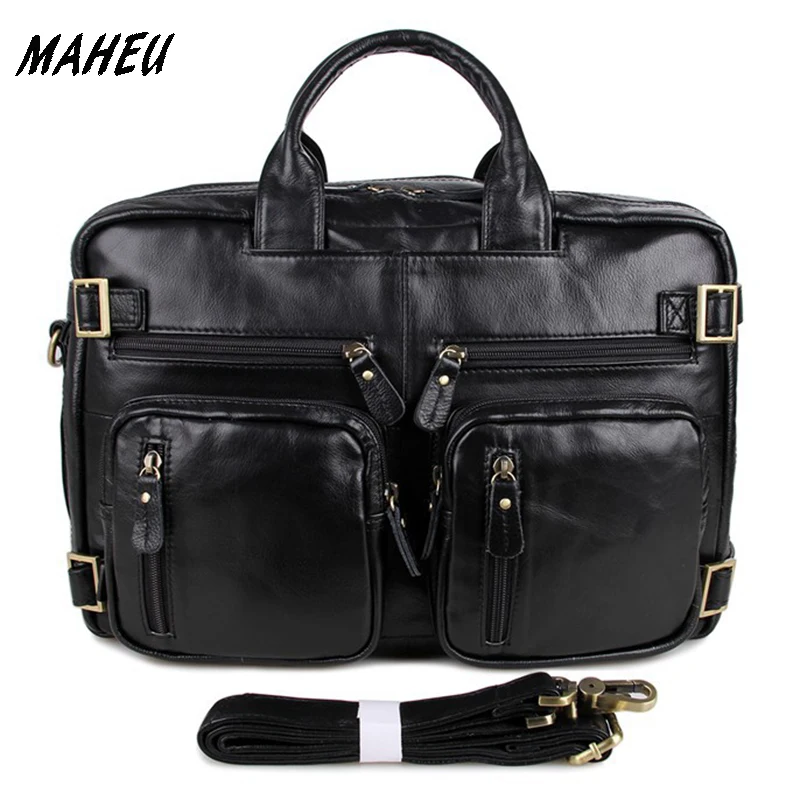 Men Real Genuine Leather Black Briefcases 15 Inch Laptop Casual Handbag