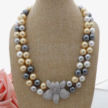

N070511 21" 2Strands 12mm Multi Color Sea Shell Pearl Necklace CZ Pendant
