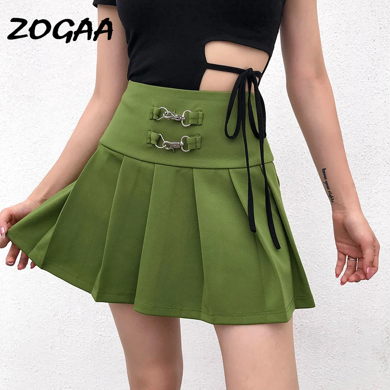 

ZOGAA Harajuku Short Skirt New Korean Green Skirt Women Hoop Buckle High Waist School Girl Pleated Plaid Skirt Sexy Mini Skirt