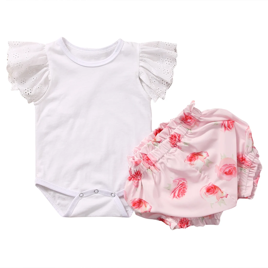 

Newborn Infant Baby Girls Summer Floral Lace Romper Shorts Set 2017 Ruffled Sleeve Rompers Bloomers Short Pants Clothes Outfits