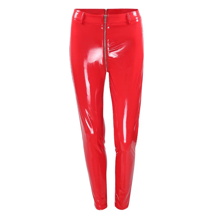 Женские брюки-карандаш черные молния мотня с высокой талией из искусственной кожи с завышенной талией, сексуальные леггинсы Клубные леггинсы, большие размеры - Цвет: red