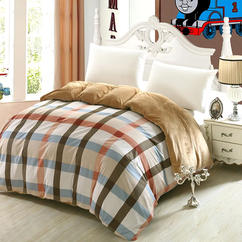 Simple color plaid style Winter soft velvet bedding set super warm bed sheet duvet cover