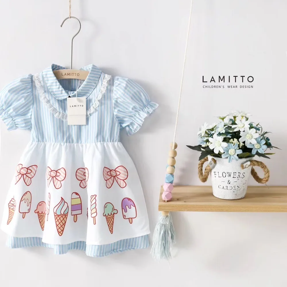 Детское летнее платье для девочек бело-голубые, в полоску с бантом мороженое с принтом сладкий малыш платья для новорожденных платье для девочек