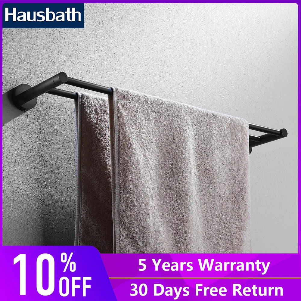 

Black Double Towel Bar Holder For Clothes Black Chrome Brushed Wall Mount Round Base Stainless Steel