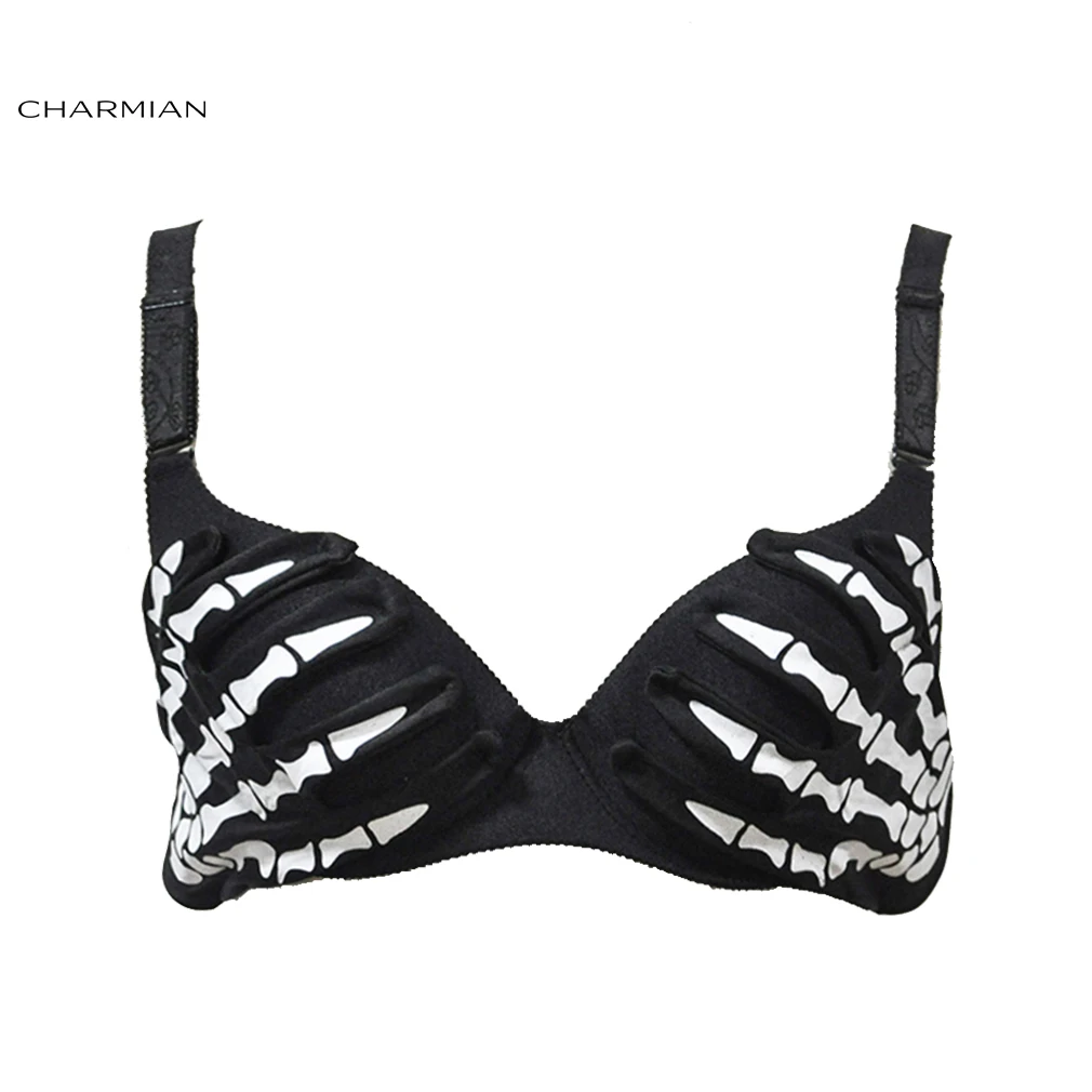 

Charmian Women's Halloween Sexy Punk Bra Top Steampunk Skeleton Claws Party Nightclub Rock White Bones Clubwear Bra Crop Top