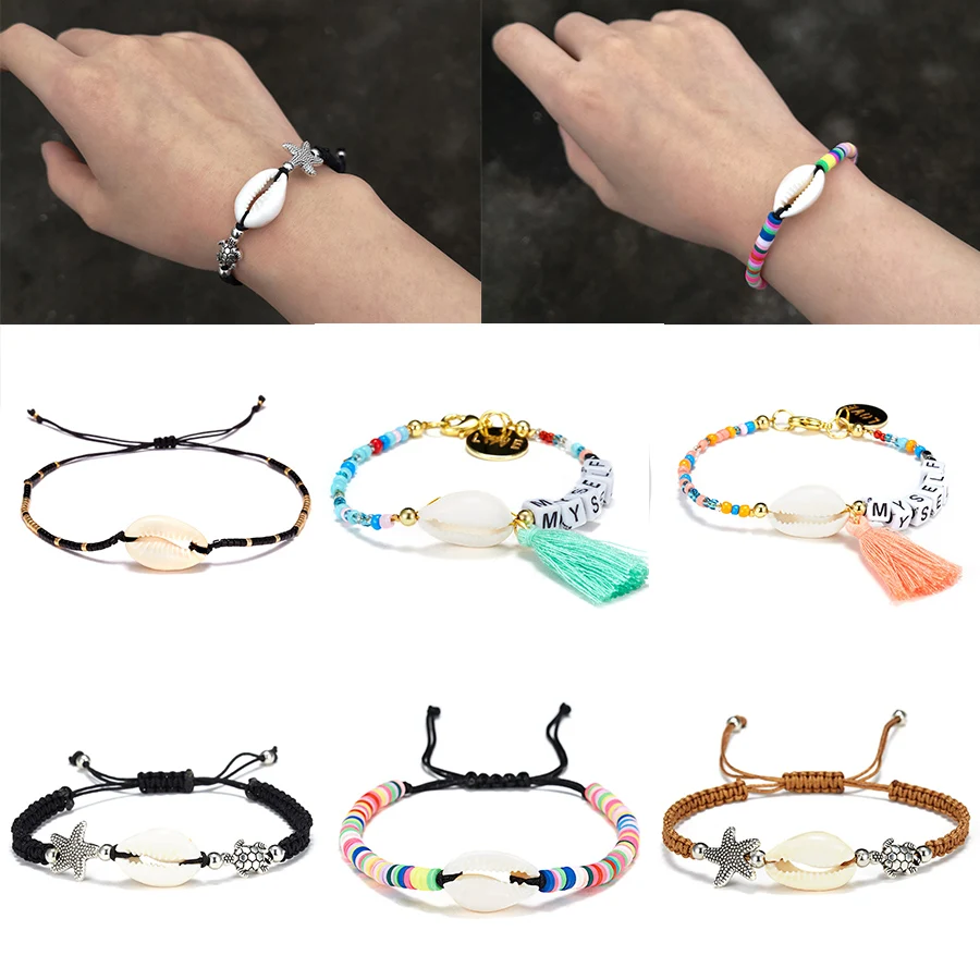 

Handmade Nature Seashell Beaded Tassel Letter Woven Adjustable Bracelet Women Charm Natural Turtle Starfish Resin Stone Bracelet