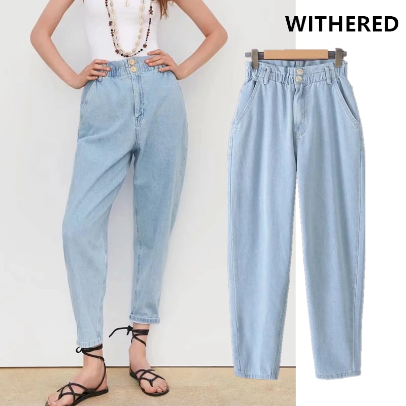 

Withered 2019 summer jeans woman high street elastic high waist jeans single breasted harem denim pants women jeans plus size