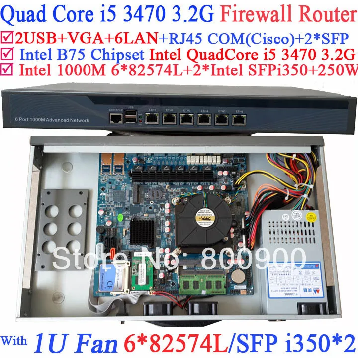 19 rack mount 1U Firewall Router Barebone PC with 6*1000M 82574L Gigabit Nics 2* intel i350 SFP Intel Quad Core i5 3470 3.2Ghz