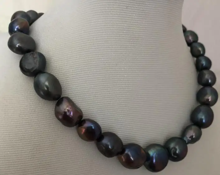 

stunning 12-13mm south sea baroque black green pearl necklace 18inch 925 silver