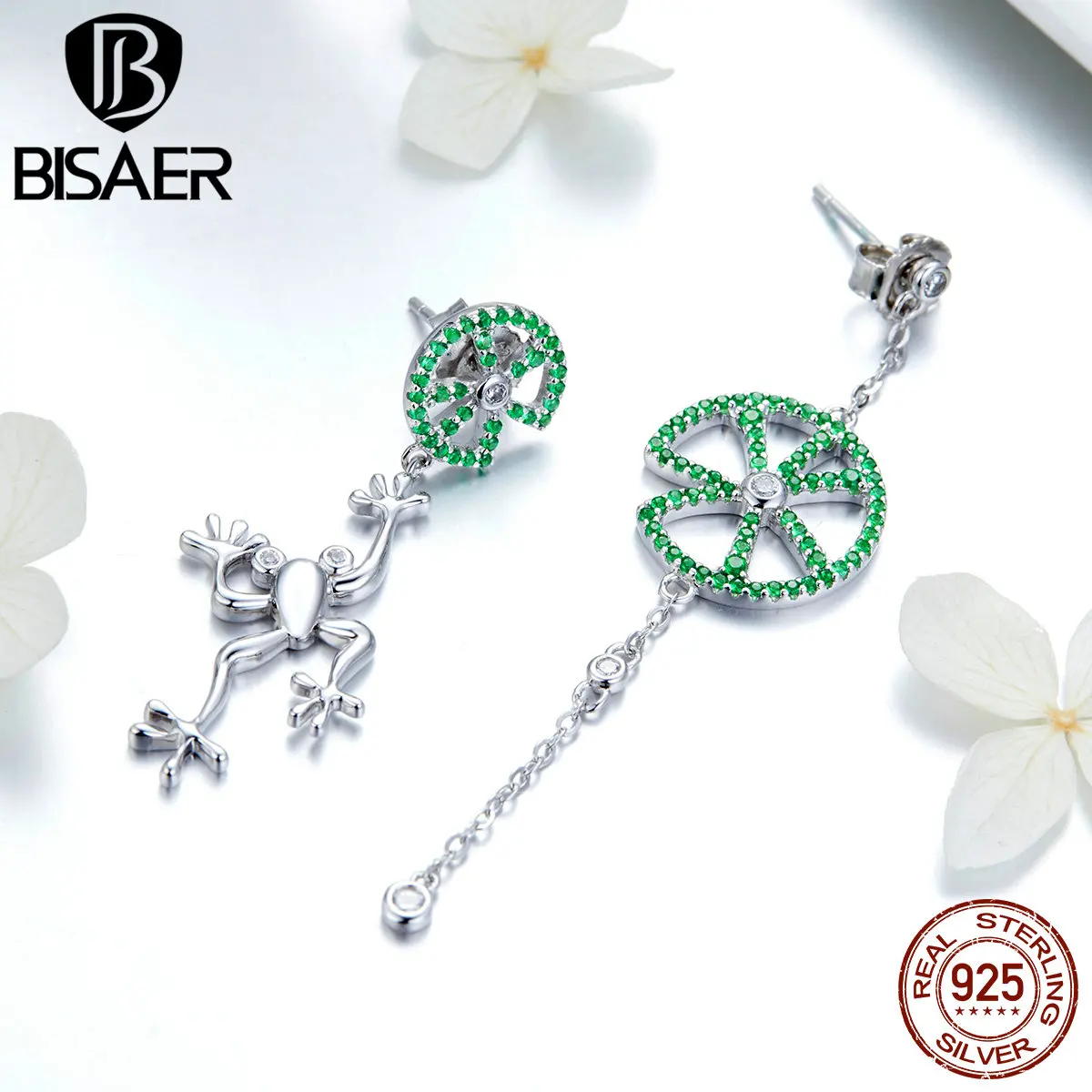 Серьги из серебра 925 пробы с листьями лотоса и лягушкой|Серьги-подвески| |