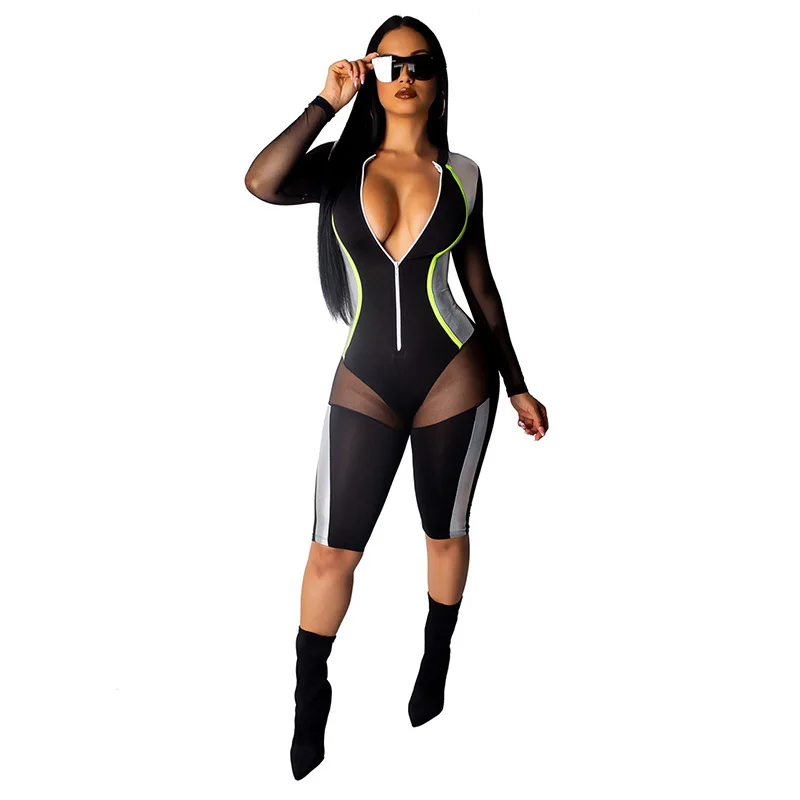 

2019 PU Gilding Sheer Mesh Patchwork Sexy Short Jumpsuit Women Zipper V Neck Bodycon Overalls Rompers Club Party Playsuit