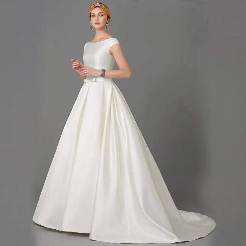 

Simple Arab Muslim Wedding Dress 2019 New Vestido De Noiva Elegant Satin Button White Ivory A-Line Sweep Train Wedding Gowns