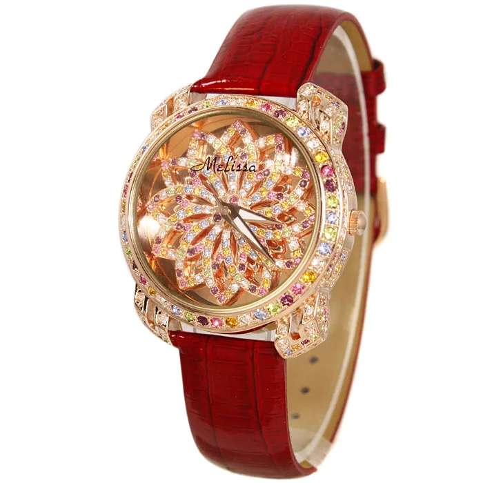 Женские часы Япония кварцевые модные кожаный браслет Роскошные конфеты Кристалл Рождество девушка подарок на день рождения Melissa - Цвет: Rose Red