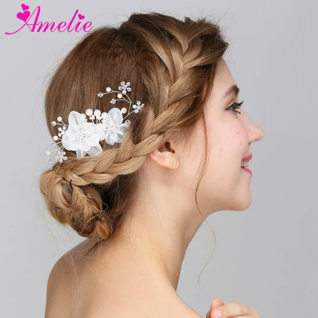 3pcs Lot Handmade Organza Flower Rhinestone Bridesmaid Hair Comb Girls