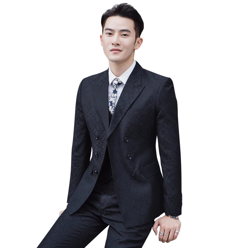 Черный костюм для жениха три двубортных на заказ Slim Fit жениха смокинг шаль лацкан 3 шт Блейзер брюки с жилеткой мужской