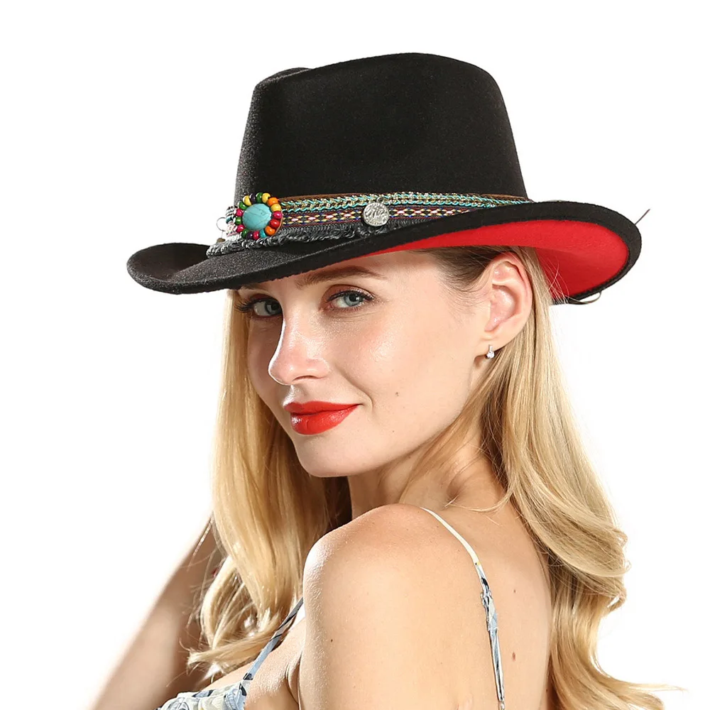 Имитация шерсти для женщин дамы Fedoras Топ красный и черный Сращивание джаз шляпа Европейский Американский характерные западные кепки - Цвет: Red-black