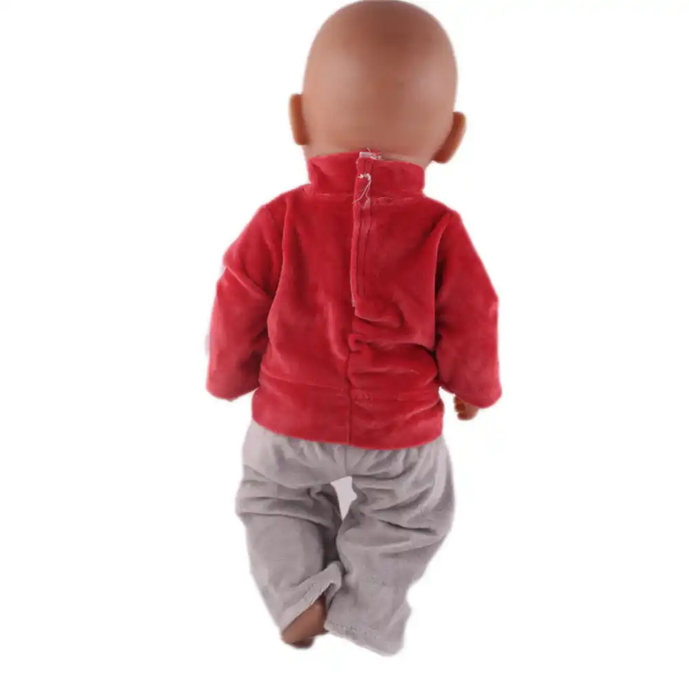 red shirt and gray pants