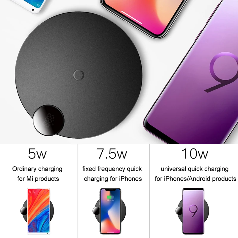 Baseus LCD Display Wireless Charger For iPhone X Xs Max Huawei P30 Fast Wireless Phone Charger For Samsung S10 S9 S8 Xiaomi MI9