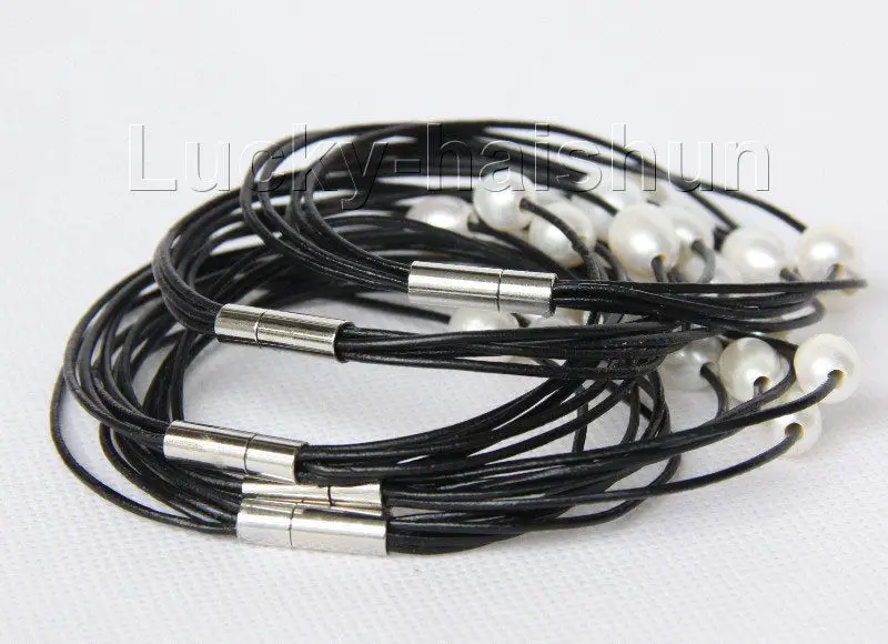 

Wholesale price 16new ^^^^^^^5 piece 8" 5row 10mm white Freshwater pearls black leather bracelet j9389