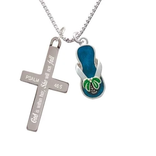 Tropical Blue Flip Flop with Palm Tree - She will not Fall - Cross Necklace (1)