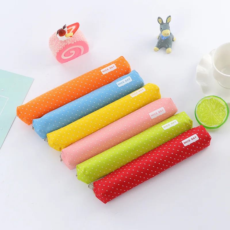 

1pc Random Color Cute Pencil Case Canvas Kawaii Dot Pen Bag Cosmetics Makeup Brushes Holder School Stationery Pocket