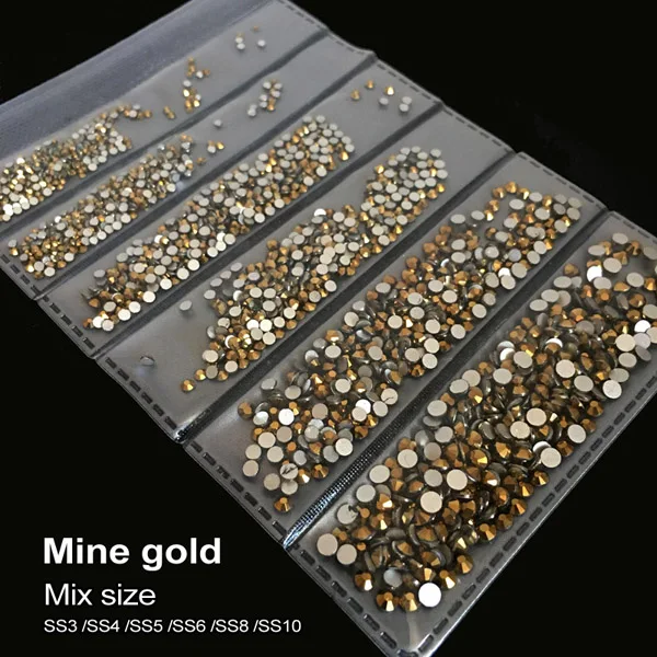 Супер блестящий. Кристалл AB SS3 SS4 SS5 SS6 SS8 SS10 разных размеров в упаковке, Стразы для ногтей, стразы для 3D дизайна ногтей - Цвет: Mine Gold
