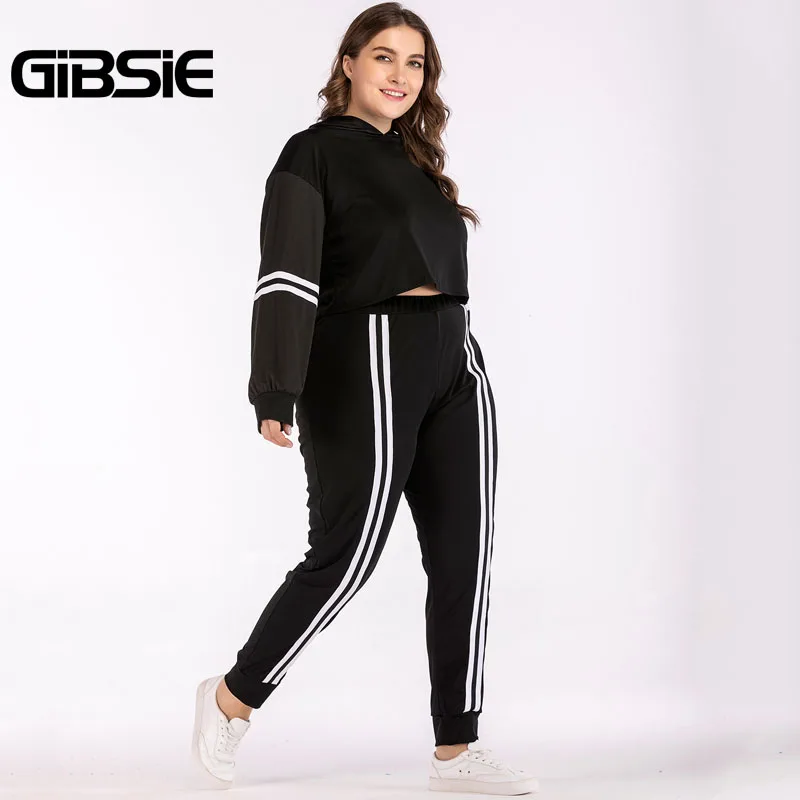 GIBSIE размера плюс женская одежда 4XL XXXL осенний комплект из двух предметов Топ и штаны полосатый спортивный костюм женский укороченный топ 2 предмета