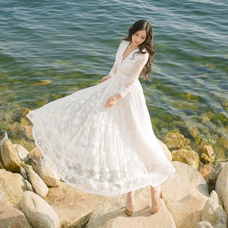 

Women Lace Patchwork Long Maxi Dress Vestidos Fashion Robe Slim V-neck Irregular Hollow Out Lace Dress Beach Party White Dresses