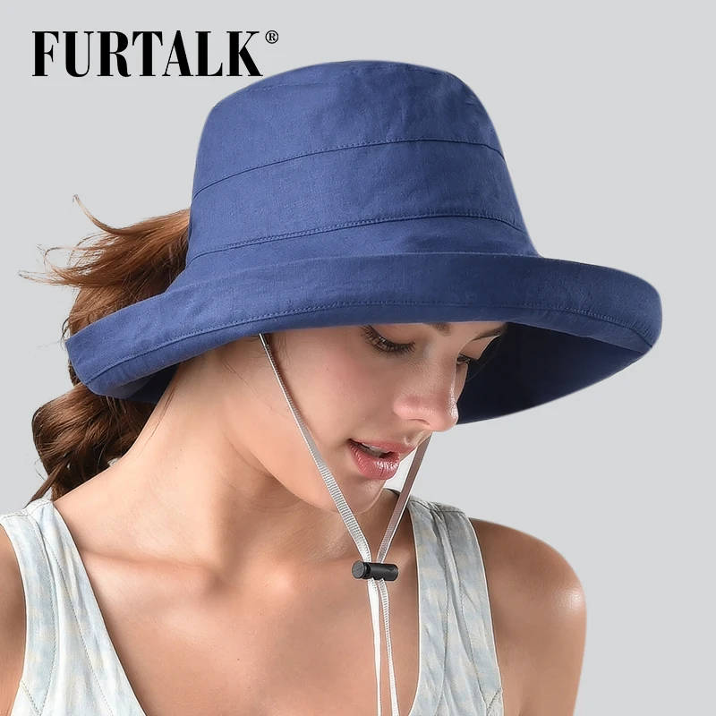 FURTALK Ponytail Summer Hats for Women Cotton Linen Sun Hat Outdoor