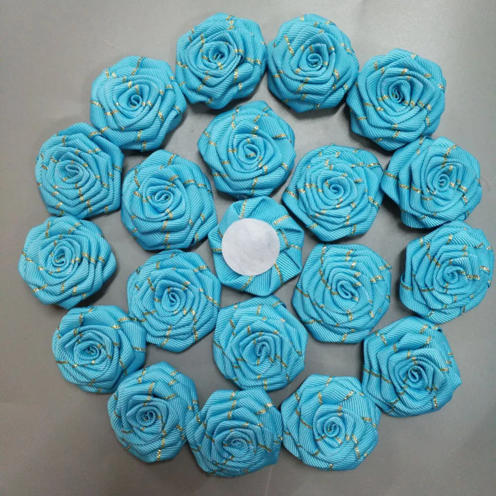 10Pieces/Lot Blue 4.5CM Polyester Ribbon Rose Golden Silk Flat Style
