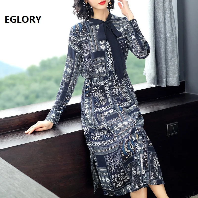 

100%Silk Dress 2019 Spring Summer Vintage Dress Women Bow Collar Tunic Print Long Sleeve Mid-Calf Length Dress Party Novelties