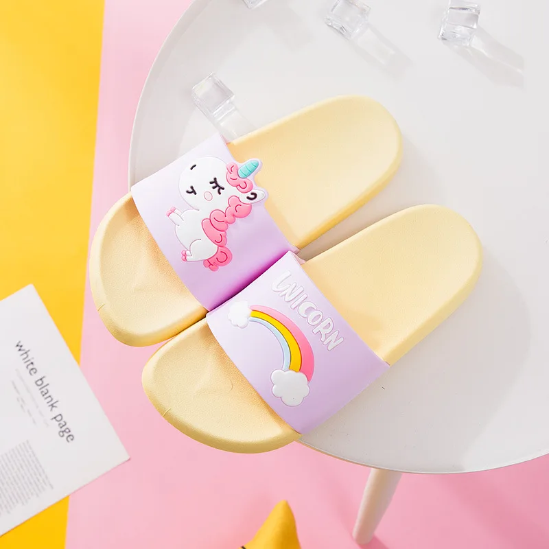 

Indoor Slippers for Kids Cartoon Unicorn Shoes Rainbow Animal Print Girls Fashion Flip Flops Shoes Spring New Rubber Slippers